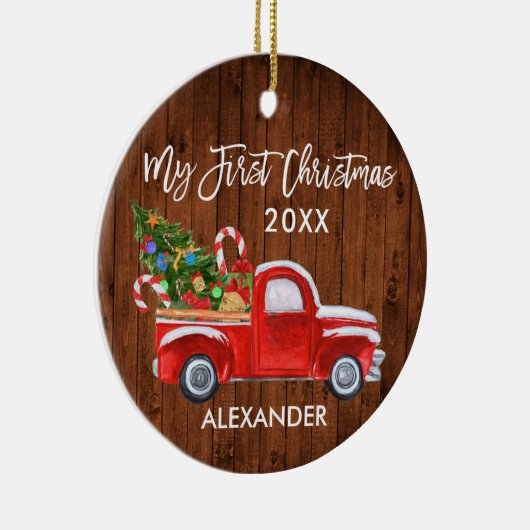 Mein erstes Weihnachtsbaumkandy Canes Red Truck Ba Keramik Ornament (Rechts)