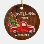Mein erstes Weihnachtsbaumkandy Canes Red Truck Ba Keramik Ornament (Vorne)