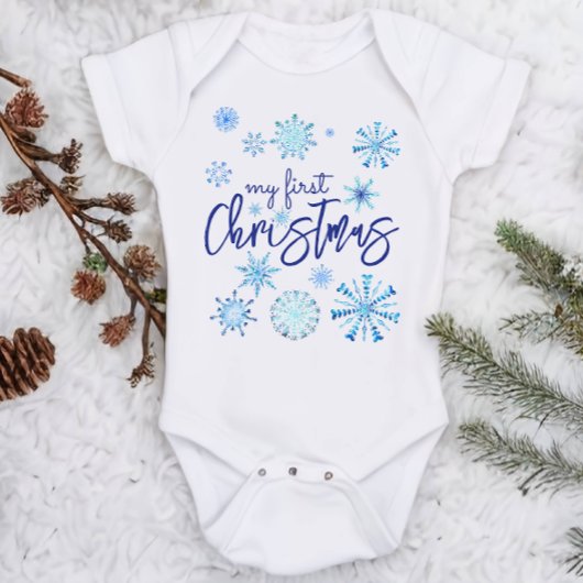 Mein erstes Weihnachtskind, blaue Schneeflocken Baby Strampler