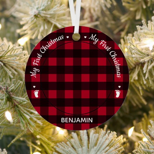 Mein erstes WeihnachtsRed Buffalo Kariert Baby Fot Ornament Aus Metall (InSitu)
