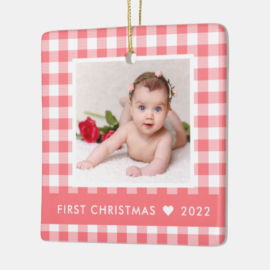 Mein erstes Weihnachtsrosa Buffalo Kariert Baby Fo Keramikornament (Links)