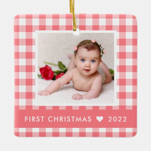 Mein erstes Weihnachtsrosa Buffalo Kariert Baby Fo Keramikornament (Vorderseite)
