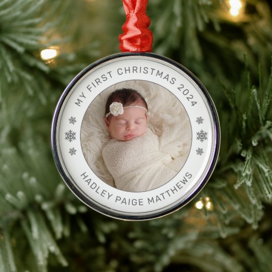 Mein erstes White Personalisiert Baby Foto zu Weih Ornament Aus Metall (Baum)