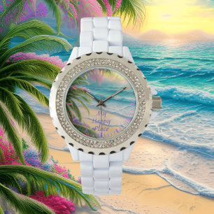 Mein glücklicher Place Beach Kristall auf Weiß Armbanduhr