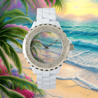 Mein glücklicher Place Beach Kristall auf Weiß Armbanduhr