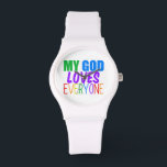Mein Gott Liebe alle Armbanduhr<br><div class="desc">Mein Gott Liebe jeden. Ein tolles Geschenk für einen schwulen Christlichen oder jemanden,  der an einen höheren Power glaubt,  der alle Menschen,  schwul oder geradewegs,  Liebe hat. Hübscher Regenbogentext.</div>