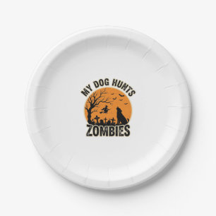 Mein Hund jagt Zombies Vintage Halloween Hund Desi Pappteller