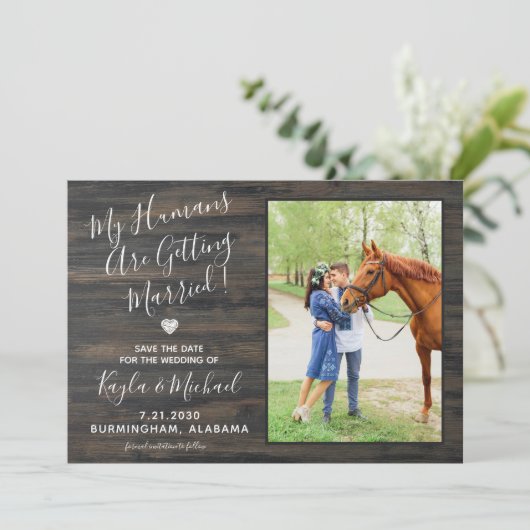 Mein Mensch heiratet rustikales Elchpferd Save The Date (Stehend Vorderseite)