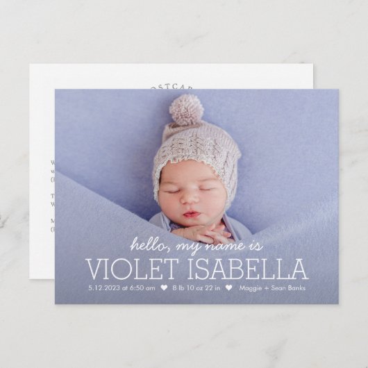 Mein Name Simple Baby Birth Announction Postcard Postkarte (Vorne/Hinten)
