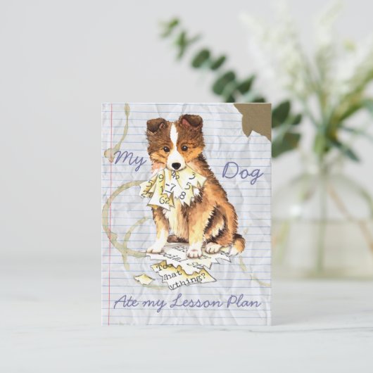 Mein Sheltie Ate my Lessingplan Postkarte (Stehend Vorderseite)