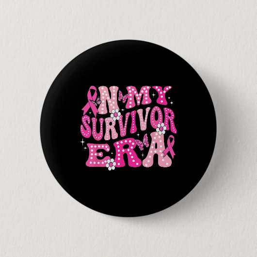 Mein Überlebender Era Pink Groovy Retro Brustkrebs Button (Vorderseite)