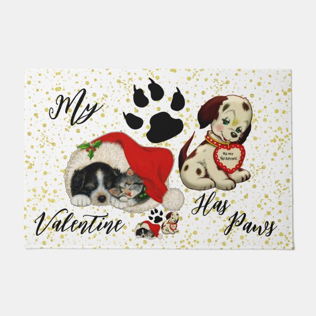 Mein Valentin hat Pfoten bezaubernde Niedliche Hun Fußmatte (Vorderseite)
