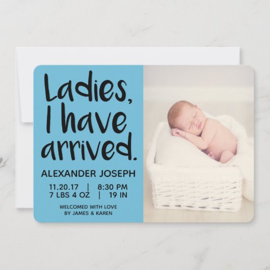 Meine Damen, ich bin bei der Geburtsankündigung de Ankündigung (Vorderseite)