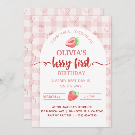 Meine Erdbeerobst Berry First Birthday Einladung (Vorne/Hinten)