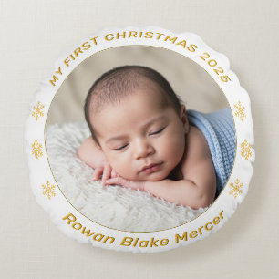 Meine erste Weihnacht Gold personalisiertes Baby-F Rundes Kissen