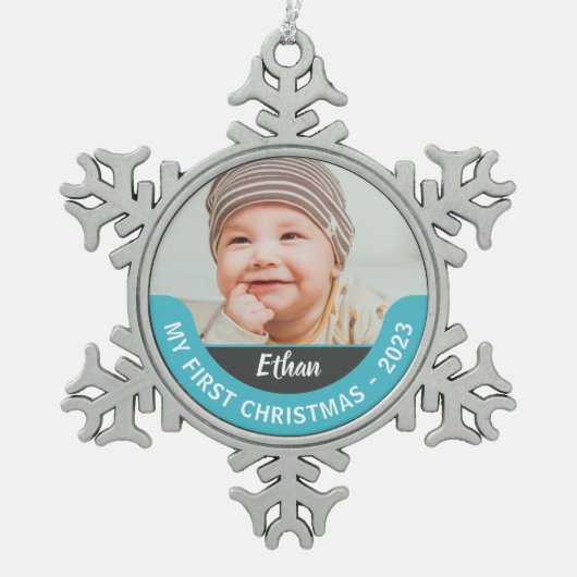 Meine erste Weihnachtsschneeflocke Gerahmte Orname Schneeflocken Zinn-Ornament (Vorderseite)