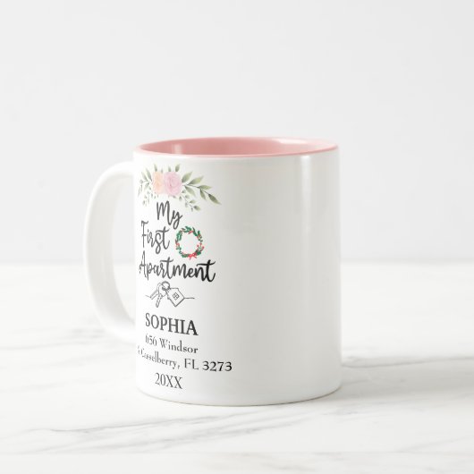 Meine erste Wohnung 2025 mit Aquarell-Blume Zweifarbige Tasse (Vorderseite Links)