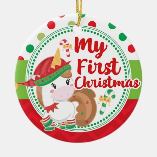 Meine ersten 1. Weihnachtself-Einhorn-Kinder Keramik Ornament (Vorne)