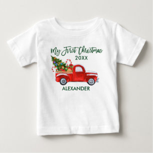 Meine ersten Weihnachts-Rot-LKW-Zuckerrohre-Grün Baby T-shirt