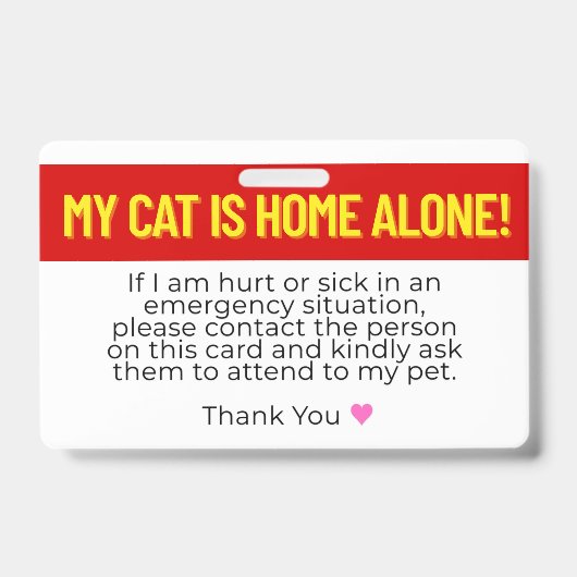 Meine Katze ist eine Zuhause-einzige Notfallkontak Ausweis (Front)