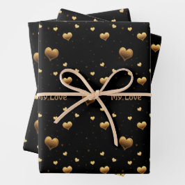 Meine Liebe Elegant Gold Hearts on Black Geschenkpapier Set