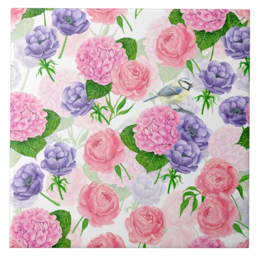 Meise und Blumen Fliese (Vorderseite)