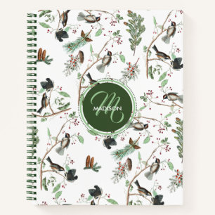 Meisen Vögel Beeren & Zapfen Monogramm Notizblock