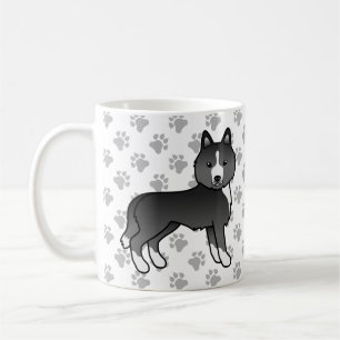 Meist schwarzer sibirischer Husky-Cartoon-Hund und Kaffeetasse