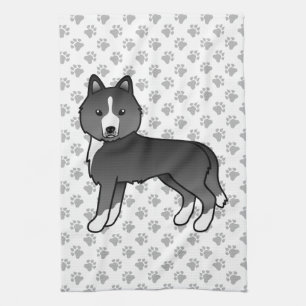 Meist schwarzer sibirischer Husky, süßer Cartoon-H Geschirrtuch