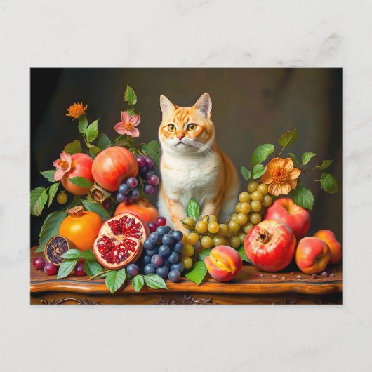 Meisterkatze unter Obst und Blume Postkarte (Vorderseite)