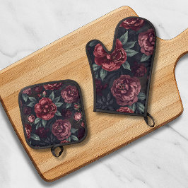 Melancholische Florals Wasserfarbe Dunkelrotes Mus Ofenhandschuh & Topflappen-Set
