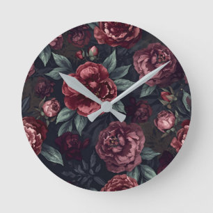 Melancholische Florals Wasserfarbe Dunkelrotes Mus Runde Wanduhr