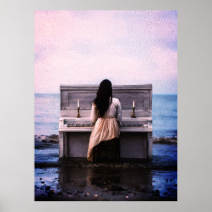 Melancholische Frau spielt Klavier am Meer Poster
