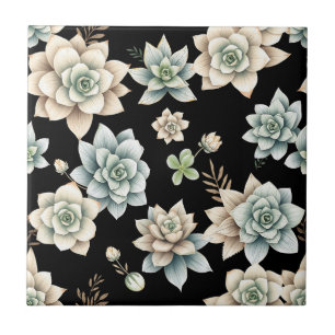 Melancholische Sukkulentenrosette Schwarz Botanisc Fliese