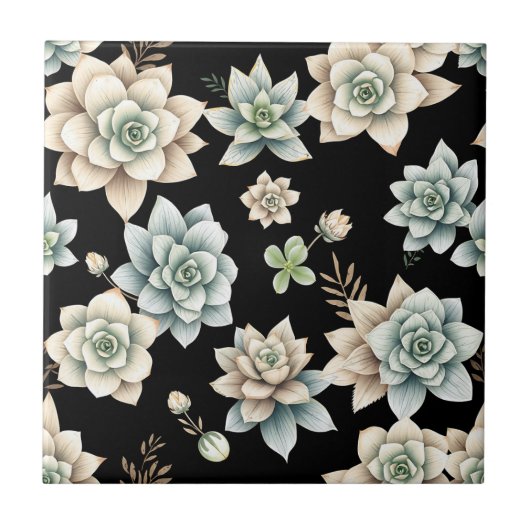 Melancholische Sukkulentenrosette Schwarz Botanisc Fliese (Vorderseite)