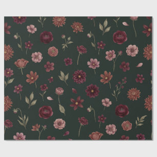 Melancholische Vintage-Burgunder-Blumen-Dunkelgrün Geschenkpapier