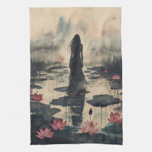 Melancholischer Lotus-Nebel-Wasserfarbeneffekt (1) Geschirrtuch