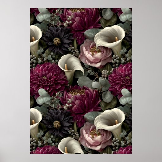 Melancholisches Blumenmuster mit Dahlien und Calla Poster (Vorne)