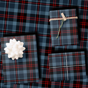Melancholisches Schieferblau und tiefrotes Tartan- Geschenkpapier Set