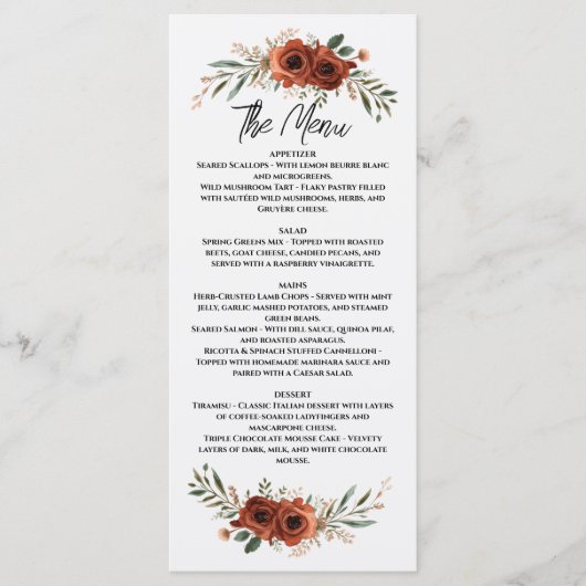 Melancholisches Terrakotta-Boho-Blumenmuster Menükarte (Vorderseite)