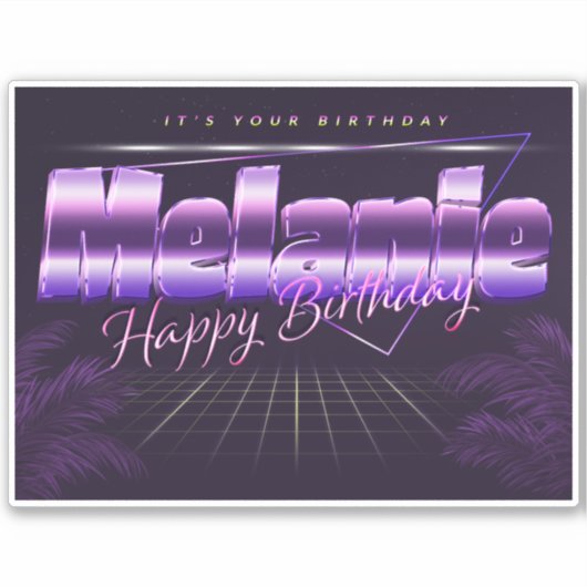 Melanie Name Vorname lila retro Sticker Geburtstag (Vorderseite)