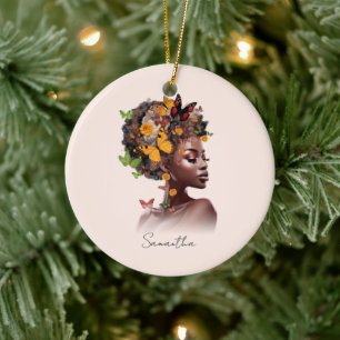 Melanin Magie: Afro Hair und farbenfrohe Schmetter Keramik Ornament