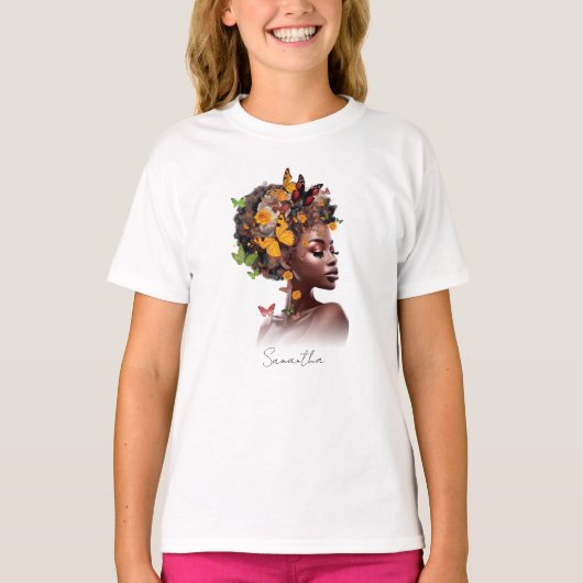 Melanin Magie: Afro Hair und farbenfrohe Schmetter T-Shirt (Vorderseite)