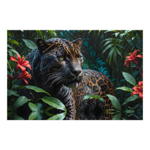 Melanistischer Jaguar in den Dschungelroten Blume Fotodruck