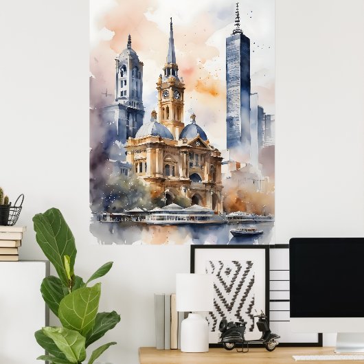 Melbourne Aquarellkunst Poster (Heimbüro)