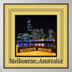 Melbourne Australia CBD Lights over Queen's Bridge Poster