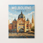 Melbourne Australia Reisen Vintag Puzzle<br><div class="desc">Melbourne Retrovektor-Reiseschema. Melbourne ist die Hauptstadt des südöstlichen australischen Staat von Victoria. Im Zentrum der Stadt befindet sich der moderne Platz der Föderation mit Plätzen,  Bars und Restaurants am Yarra River.</div>