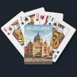Melbourne Australia Reisen Vintag Spielkarten<br><div class="desc">Melbourne Retrovektor-Reiseschema. Melbourne ist die Hauptstadt des südöstlichen australischen Staat von Victoria. Im Zentrum der Stadt befindet sich der moderne Platz der Föderation mit Plätzen,  Bars und Restaurants am Yarra River.</div>