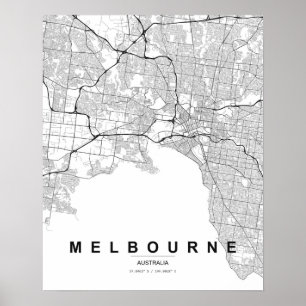 Melbourne-Minimalistische Karte (Schwarz & Weiß) Poster