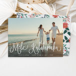 Mele Kalikimaka | Hawaiian Holiday Foto Card Feiertagskarte<br><div class="desc">Die schicke Weihnachtskarte zeigt "Mele Kalikimaka",  den hawaiianischen Weihnachtsgruß,  in der Schriftzeichen-Schrift als Overlay auf Ihrem Lieblings-Foto oder Strand. Karten kehren zu einem botanischen Urlaubsmuster in Rot,  Grün und Minze zurück.</div>